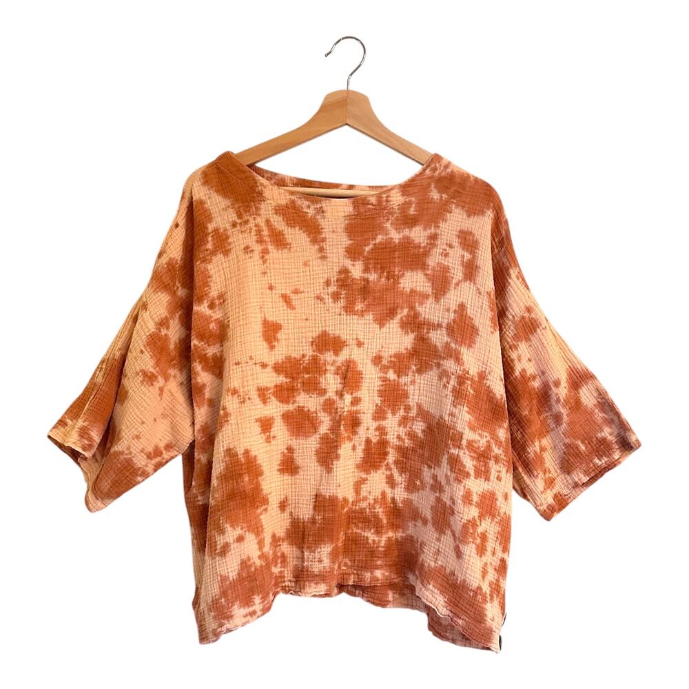 Pure J Jill Peach Tan Cotton Gauze Top  Kimono Sleeve Side Button Tie Dye Sz L